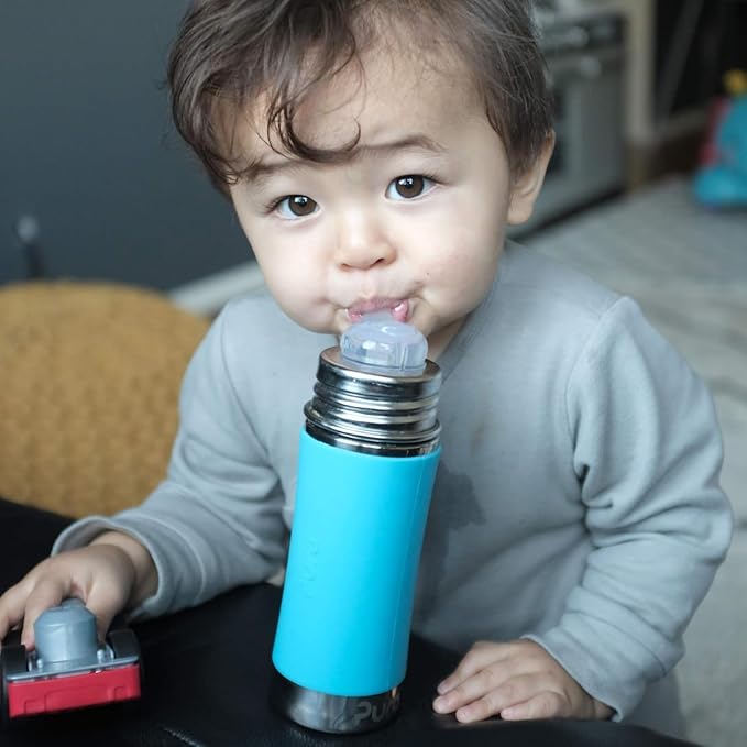 Pura Kiki 11oz/325ml Stainless Steel Straw Bottle w/Sleeve, 100% Plastic-Free, MadeSafe Certified, 100% Medical-Grade Silicone Straw for Kids, Toddlers, Preschoolers, Babies & Infant - New Moss