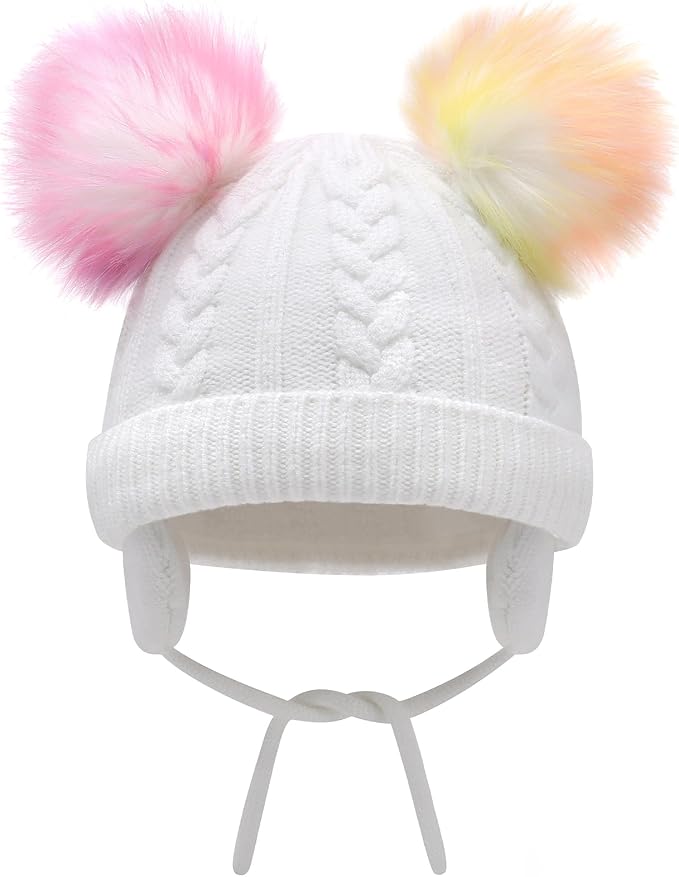 Duoyeree Toddler Winter Hat, Earflap Double Pom Pom Knit Beanie 0-36M - Image 2