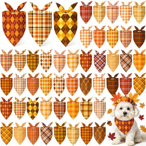 50 Pcs Fall Plaid Dog Bandanas Bulk Autumn Gingham Check Pattern by Jeere