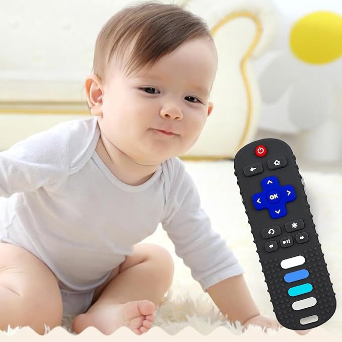 Silicone Baby Teething Toys for Babies 3 6 18 24 Months,Baby Silicone Chew Toys,Remote Control Shape Teething Toys,BPA Free (L-BlackBlue)
