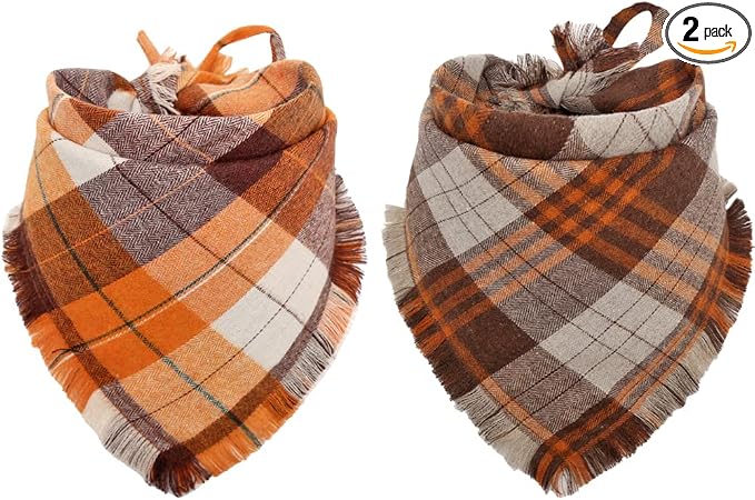 Fall Dog Bandana Autumn Thanksgiving Plaid Reversible Triangle Bibs Scarf by KZHAREEN