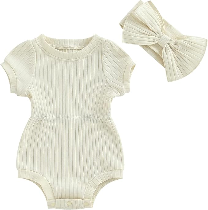 FOCUSNORM Baby Girl Summer Clothes Ribbed Short Sleeve Romper Solid Color by FOCUSNORM
