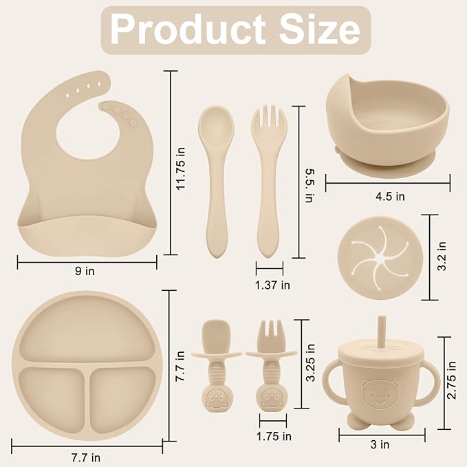 Silicone Baby Feeding Set | Baby Led Weaning Supplies Includes Suction Bowls and Divided Plates, Adjustable Bib, Baby Utensils Spoons and Forks,Cup | Baby Feeding Essentials (Beige)