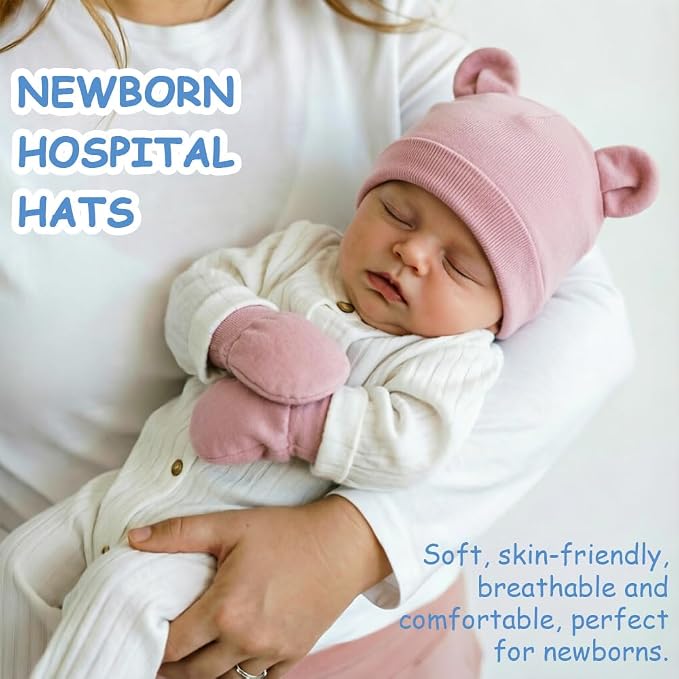 BQUBO Newborn Baby Bear Ears Hats and Mittens Sets Preemie Cotton Caps Baby Boy - Image 2