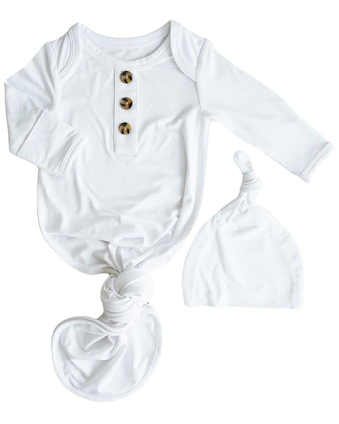 Caden Lane Newborn Knotted Gown with Hat, Soft Bamboo Viscose Baby Sleep Sack, Unisex Infant Nightgown, Breathable Sleepwear