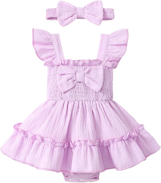 Baby Girl Smocked Romper Dress Ruffle Bow Summer Outfit by Megeoly