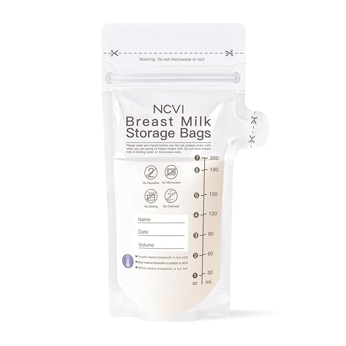 NCVI Breastmilk Storage Bags, 90 Count Milk Storage Bags for Breastfeeding, 7oz Breast Milk Storage Bags with Temp-Sensing, Doubled-Sealed, Hygienically, Self Standing, Easy Pour Spout, BPA Free