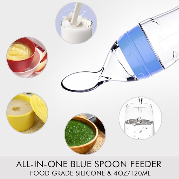 Matyz Silicone Baby Food Dispensing Spoon (Blue, 4oz / 120ml) Squeeze Feeder with Spoon - Spoon Bottle for Baby - Baby Spoon Feeder Bottle Baby Solid Food Feeder - Ideal for 4 Months+ Babies