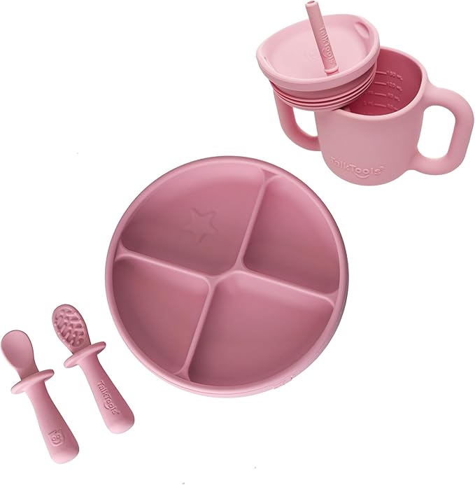 TalkTools ITSY Silicone Baby Plates Set with Suction – Feeding Essentials for Toddlers 6–12 Months+ | BLW Mealtime Set with Twin Spoon, Spill-Proof Sippy Cup | Self-Feeding Utensils