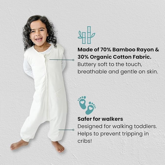 Tealbee Dreamsuit Toddler Sleep Sack with Feet – Walker Sleep Bag with Legs, Rayon made from Bamboo, All Season 1.2 TOG, 2-Way Zipper, 12m-2T - Undyed