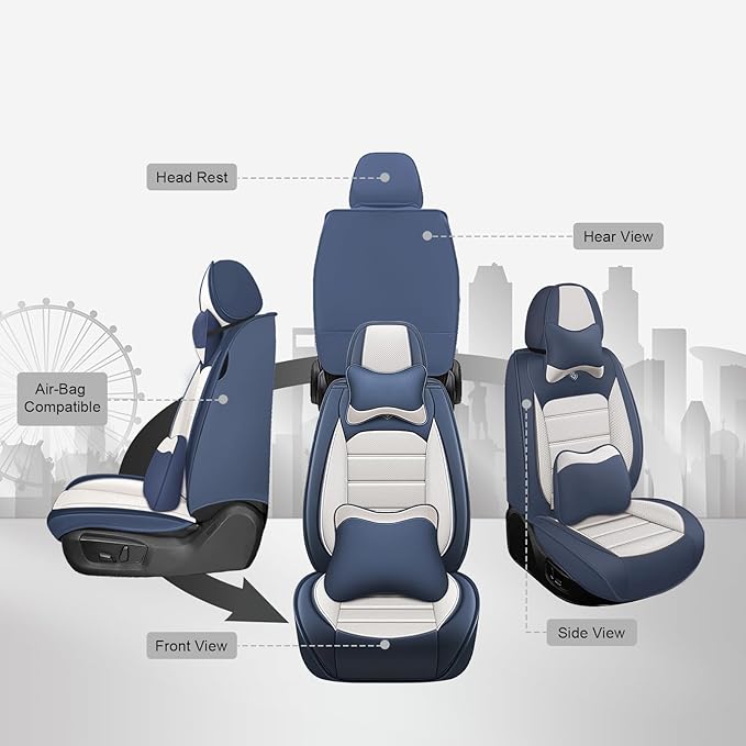 JOJ Fit for Toyota Highlander 2001-2022 Seat Covers,7 Seat Car Seat Cover,No-Slip Waterproof Breathable Faux Leather,Full Set with Pillow Steering Wheel Covers,Cream Blue