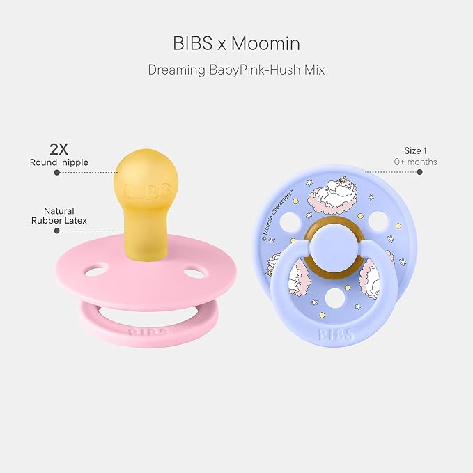 BIBS Colour Moomins Pacifier 2-Pack, BPA Free Pacifier, Round Nipple. Natural Rubber Latex, Made in Denmark, Size 1 (0-6 Months), Baby Pink/Hush