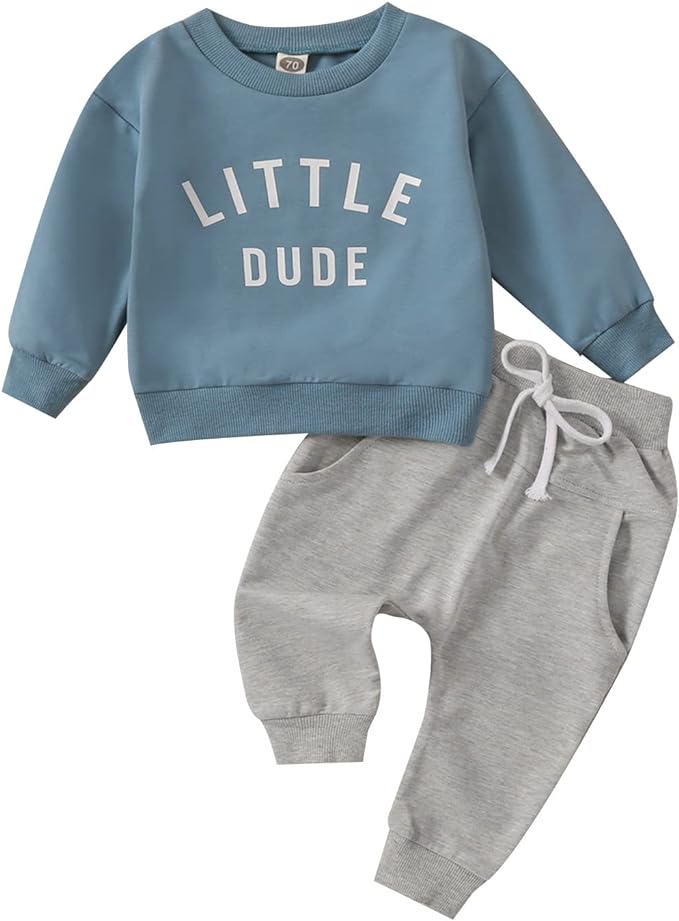 Toddler Baby Boy Clothes Solid Color Long Sleeve Crewneck Sweatshirt Top Casual Pants Set 2Pcs Fall Winter Outfits