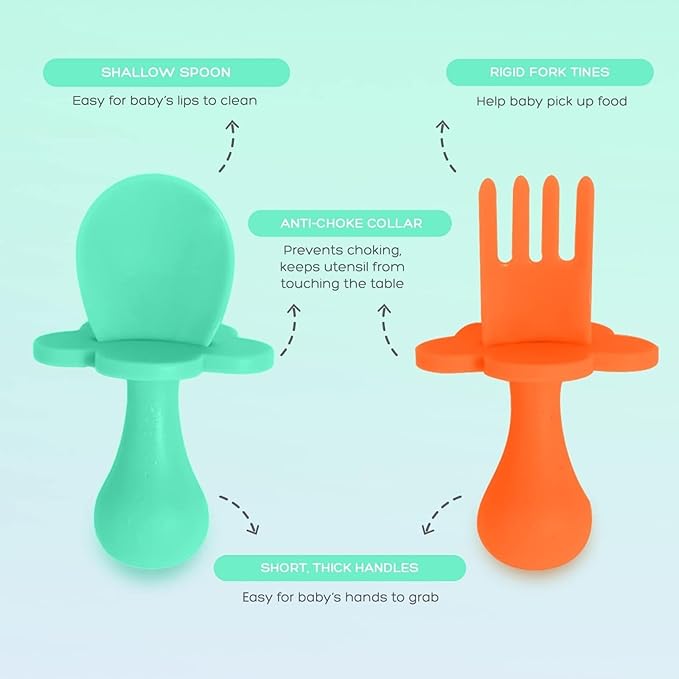Grabease Baby Feeding Utensils Set - Infant and Baby Fork and Spoon for Ages 1-11 Months, BPAs and Phthalate-Free Cutlery, 2 Sets, Mint and Orange