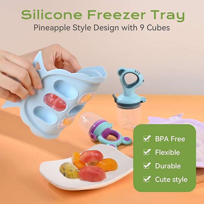 Baby Fruit Feeder Baby Breastmilk Popsicle Molds, Food Freezer Tray Storage Containers, Silicone Pacifier Feeder and Teether, Includes 6 Extra Food Pacifier