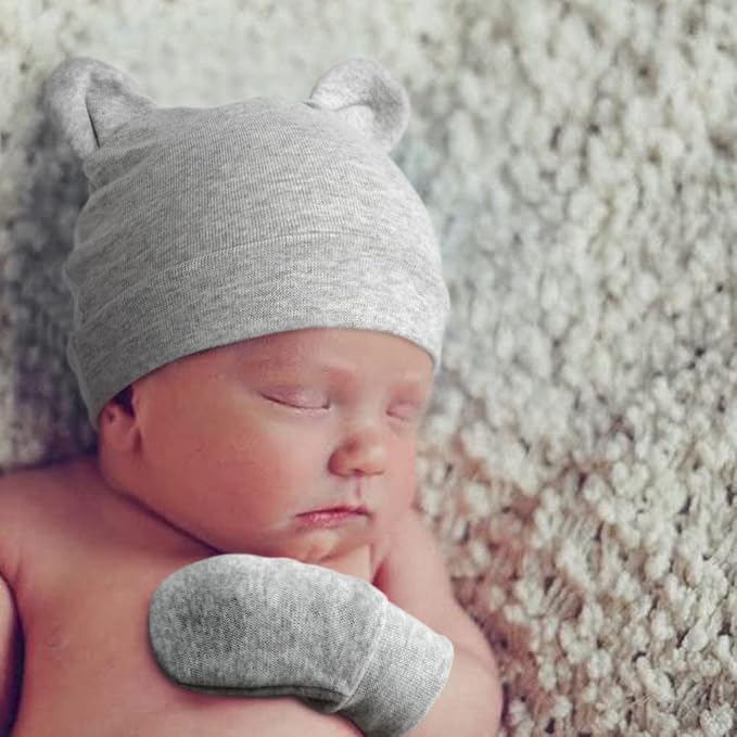 BQUBO Newborn Baby Bear Ears Hats and Mittens Sets Preemie Cotton Caps Baby Boy - Image 3
