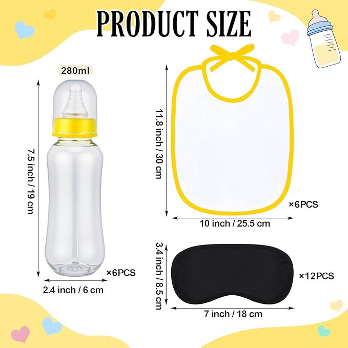 Leinuosen 24 Pcs Baby Shower Blindfold Feeding Game Set Include 6 Plastic Chug Bottles 6 Bib and 12 Eye Mask Blindfold Baby Feeding Bottle Chug Game for Adult Gender Reveal Party Supplies(Yellow)