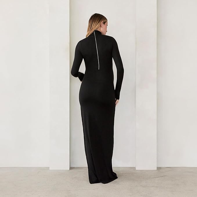 BUMPSUIT Maternity Maxi Dress Thigh High Slit, Women Long Sleeve Soft Stretchable Fabric Turtleneck Bodycon Pregnancy Dress