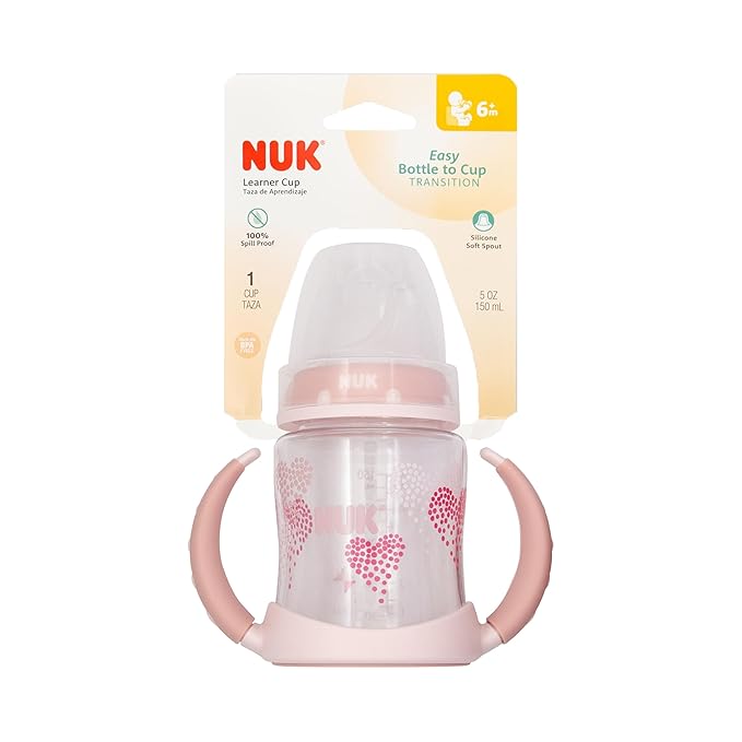 NUK Learner Cup, 5 Oz, Pack of 2, Pink Hearts, Soft Spout, Easy-Grip Handles, BPA Free, Spill Proof, Transition Sippy Cup
