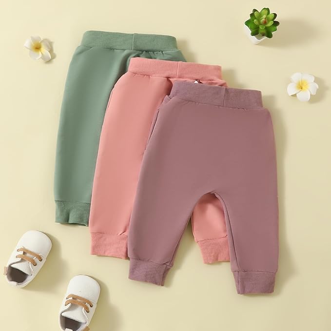 Sejardin Toddler Baby Boy Girl Pants 3 Pack Solid Color Elastic Waist Jogger Sweatpants Newborn Infant Casual Bottoms