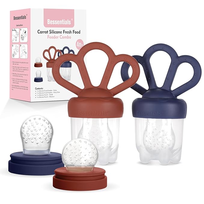 Bessentials Carrot Baby Fresh Fruit Food Feeder & 2 Pack Silicone Mesh Feeders | Safe Infant Self-Feeding|Includes 3 Sizes of Food Pouches |Suitable for Baby 4M+|BPA-Free (Navy Blue & Ruby)