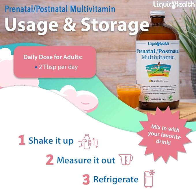 LIQUIDHEALTH Prenatal/Postnatal Multiple Liquid Women's Multivitamin with Real Folate - Pre & Postnatal Vitamins for Before, During, After Pregnancy - Made in USA, Vegan, Sugar-Free, Non-GMO (32 oz)