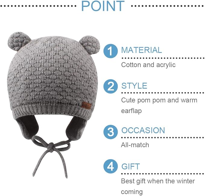 BAVST Baby Beanie Hat for Winter with Earfalp Cute Bear Kids Toddler Girls Boys Warm Knit Cap 0-2Years