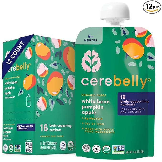Cerebelly Organic Baby Food Pouches, White Bean Pumpkin Apple Purees, 16 Nutrients, No Added Sugar, Fiber & Non-GMO, 4oz, 12 Pack