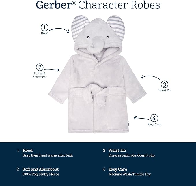 Gerber Baby Boys & Girls Plushy Soft Hooded Animal Character Bathrobe - Image 7
