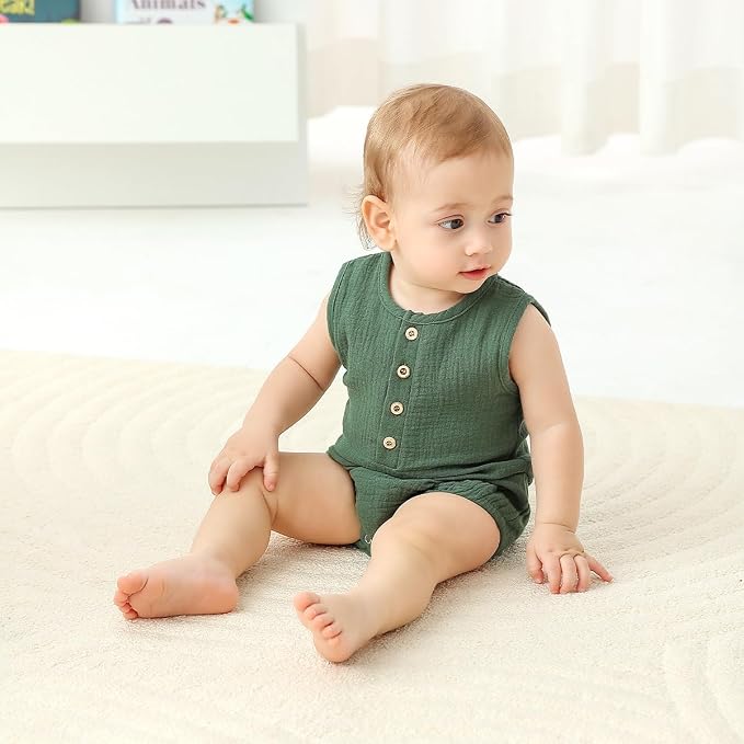 Baby Boy Romper 3 Pack Sleeveless Cotton Linen Tank Top Bodysuit | Breathable - Image 3