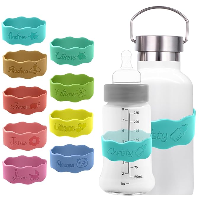 Personalized Baby Bottle Labels for Daycare Custom Water Bottle Name Bands Customized Engraved Silicone Baby Reusable Bottle Straps Labels for Cups School-Lake Blue