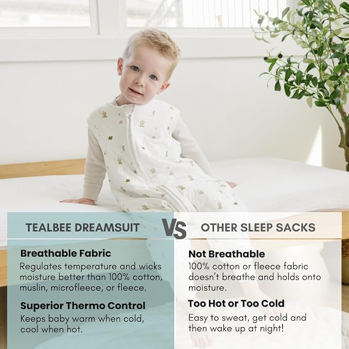 Tealbee Dreamsuit Toddler Sleep Sack with Feet – Walker Sleep Bag with Legs, Rayon made from Bamboo, Summer 0.8 TOG, 2-Way Zipper, 12m-2T - Cactus