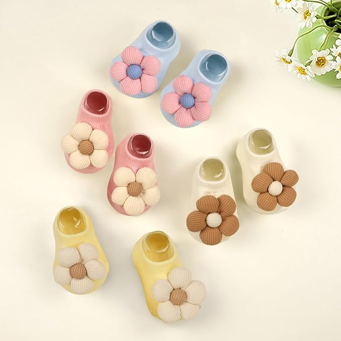4Packs Baby Girls Socks, Flower Non-Slip Grips - Image 5