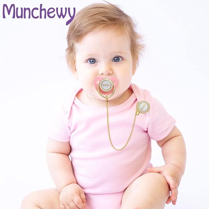 Custom Pacifier with Name, Bling Personalized Pacifier Clip Set with Gift Box, Glitter Crystal Luxurious Soother Dummy Ideal Gift for Boys Baby Shower Newborn Photography(Bling Pink)