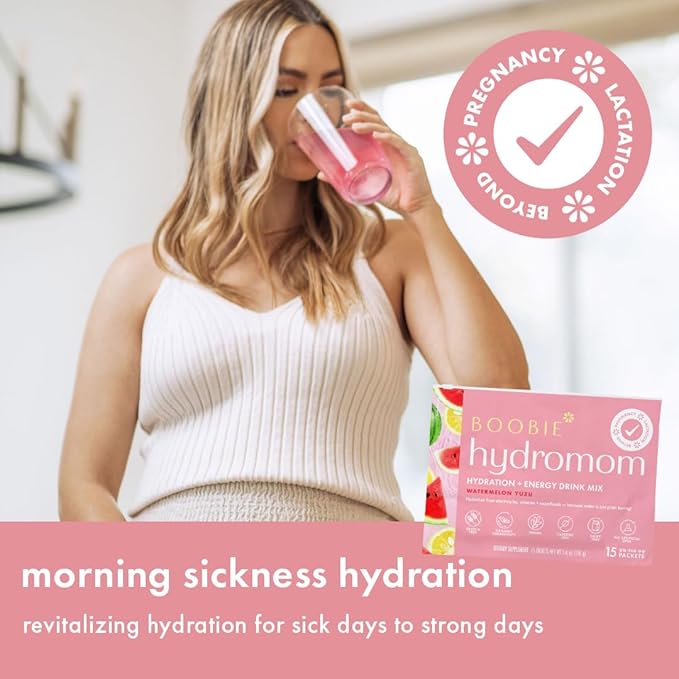 Boobie Hydromom Superfood Electrolyte Drink Mix, Watermelon Yuzu | Refreshing Energy & Hydration Boost for Mamas | On-The-Go & Travel Essentials for Pregnancy, Lactation, & Beyond, 10 Packets