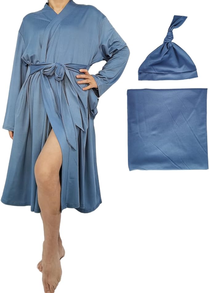 SUFEINI Maternity Robe and Matching Baby Swaddle Blanket Set, Mommy Robe by SUFEINI