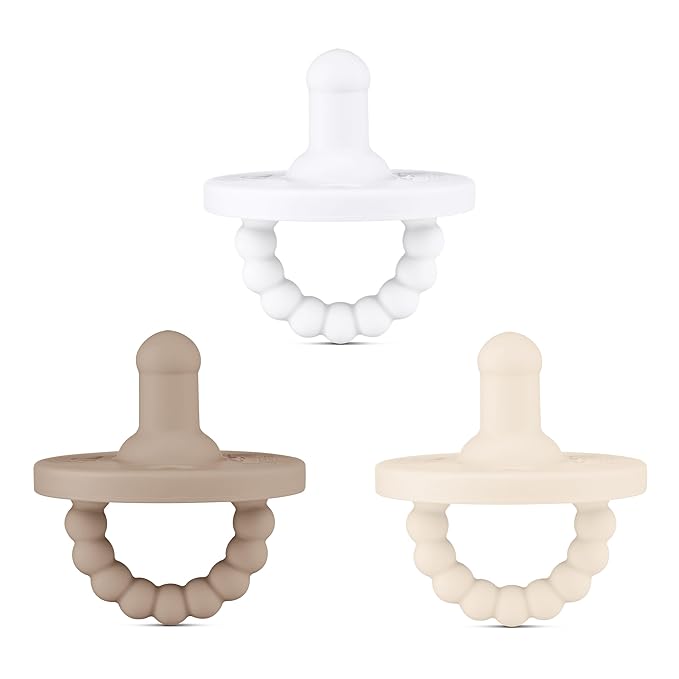 Ryan & Rose Cutie PAT All-in-One Pacifier and Teether Massaging Teething Ring and Hideaway Binky for Growing Babies (Canvas (3 Pack), Stage 1)