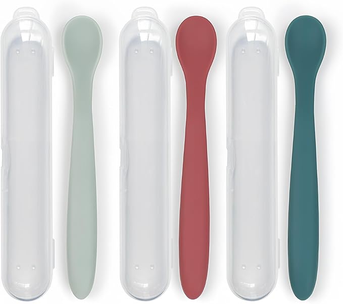 3-Piece Silicone Baby Feeding Spoons with Hygienic Travel Case, First Stage Infant Spoons, Soft-Tip Easy on Gums, Baby Training Spoon,Infant Utensils Feeding Supplies,Dishwasher & Boil-proof