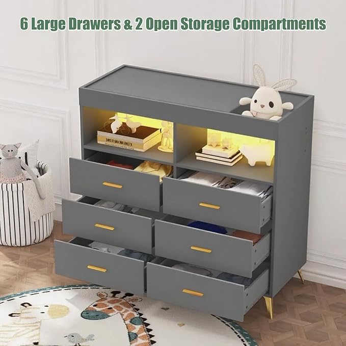 Changing Table Dresser with Drawers, Baby Dresser with Changing Table Top, Power Outlet, LED Light & Metal Feet, Diaper Changing Station Nursery Organizer for Infants Newborn (Grey)