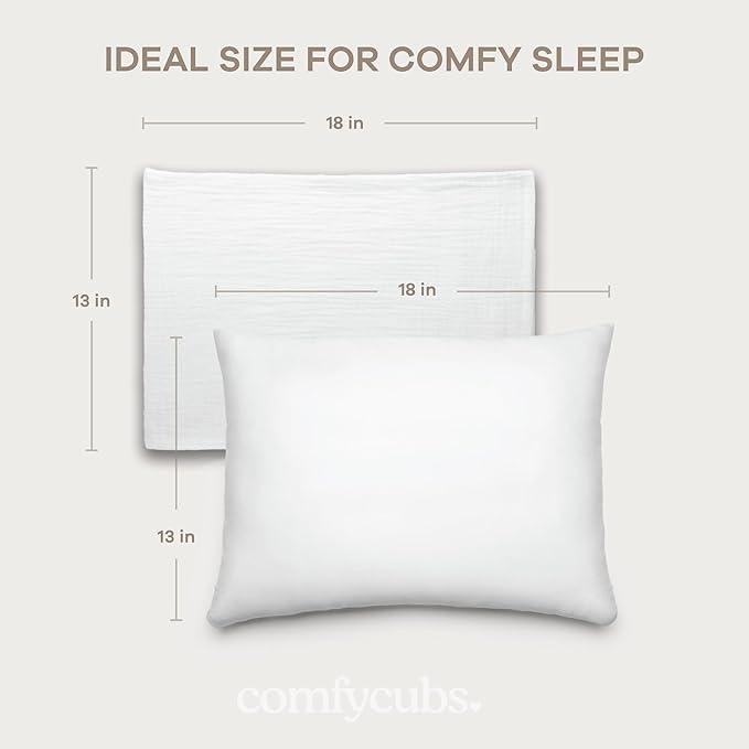 Comfy Cubs Toddler Pillow with Muslin Pillowcase, 13 x 18 in, 2 Pack - Travel and Sleep Support for Kids - Lightweight, Breathable Microfiber Fill - Soft and Cozy Small Pillow for Toddlers - White