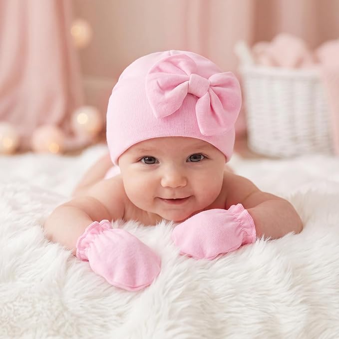 4Pack Newborn Baby Hats and Mittens Set Cotton Bow Infant Caps Gloves Warm Knit - Image 7