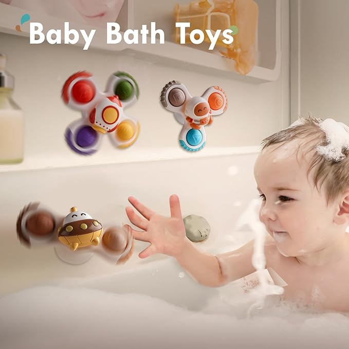 ALASOU 3PCS Pop Suction Cup Spinner Toys for 1 Year Old Boy Girl|Novelty Spinning Tops Toddler Toys Age 1-2|Sensory Baby Bath Toy for Toddlers 1-3|12 18 Months Boy Birthday Gift for Infant