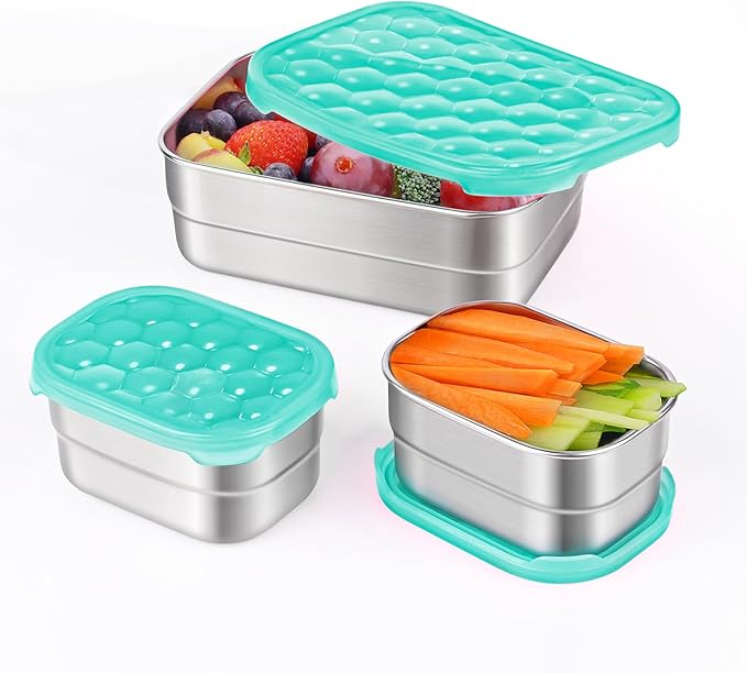 Small Stainless Steel Lunch Containers for Kids | Leak Proof Food Containers with Silicone Lids - Perfect Metal Food Containers with Lids for Kids School and Toddler Daycare (25oz+8oz*2)