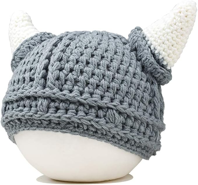 Baby Viking Knit Hat with Horns Barbarian Cute Beanie Hat Adult Crochet - Image 4