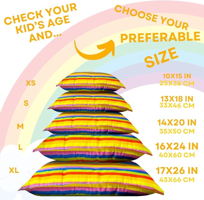 kinder Fluff Kids Pillow (2Pack) 16x24in - Youth Pillows for Kids Age 7+, 100% Cotton Sateen Stripes 300T, Down Alternative Fill, Machine Washable - Children, Decor & Travel Cushion - Rainbow - L