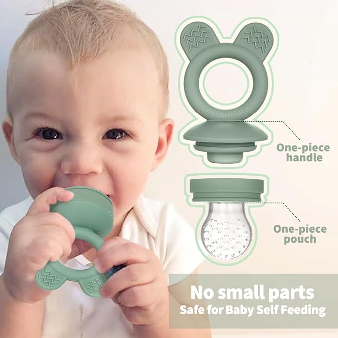 Bessentials Bunny Baby Fresh Fruit Food Feeder - 2 Pack Silicone Mesh Feeders for Infant Safe Self Feeding |3 Sizes Food Pouches Included| Suitable for Baby 4m+ (Light Pink & Grass Green)