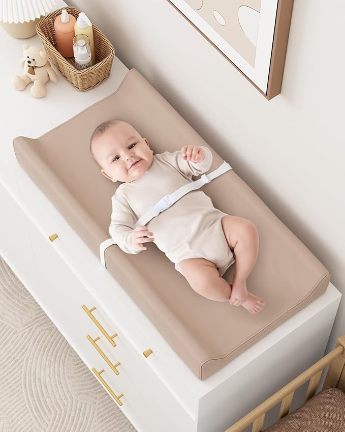 Wipeable Baby Changing Pad for Dresser and Table, Cozy Diaper Changing Pad with Waterproof & Wipe-Clean Leather Cover, Light Brown