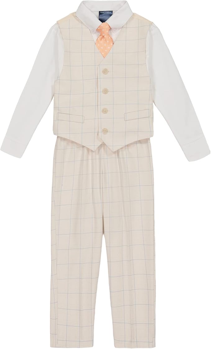 Nautica Boys' 4-Piece Formal Suit Set with Vest, Pants, Collared Dress Shirt, and Tie