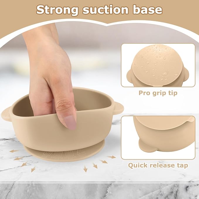 2 Pack Stainless Steel Baby Bowls with Removable Non-Slip Silicone Suction Shell and Lids, Anti Scald Food Container for Baby Food Feeding-Gray & Cream