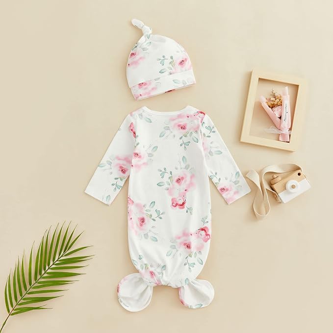 Newborn Baby Girl Floral Sleep Gown Headband Sleepwear Outfit - Image 3